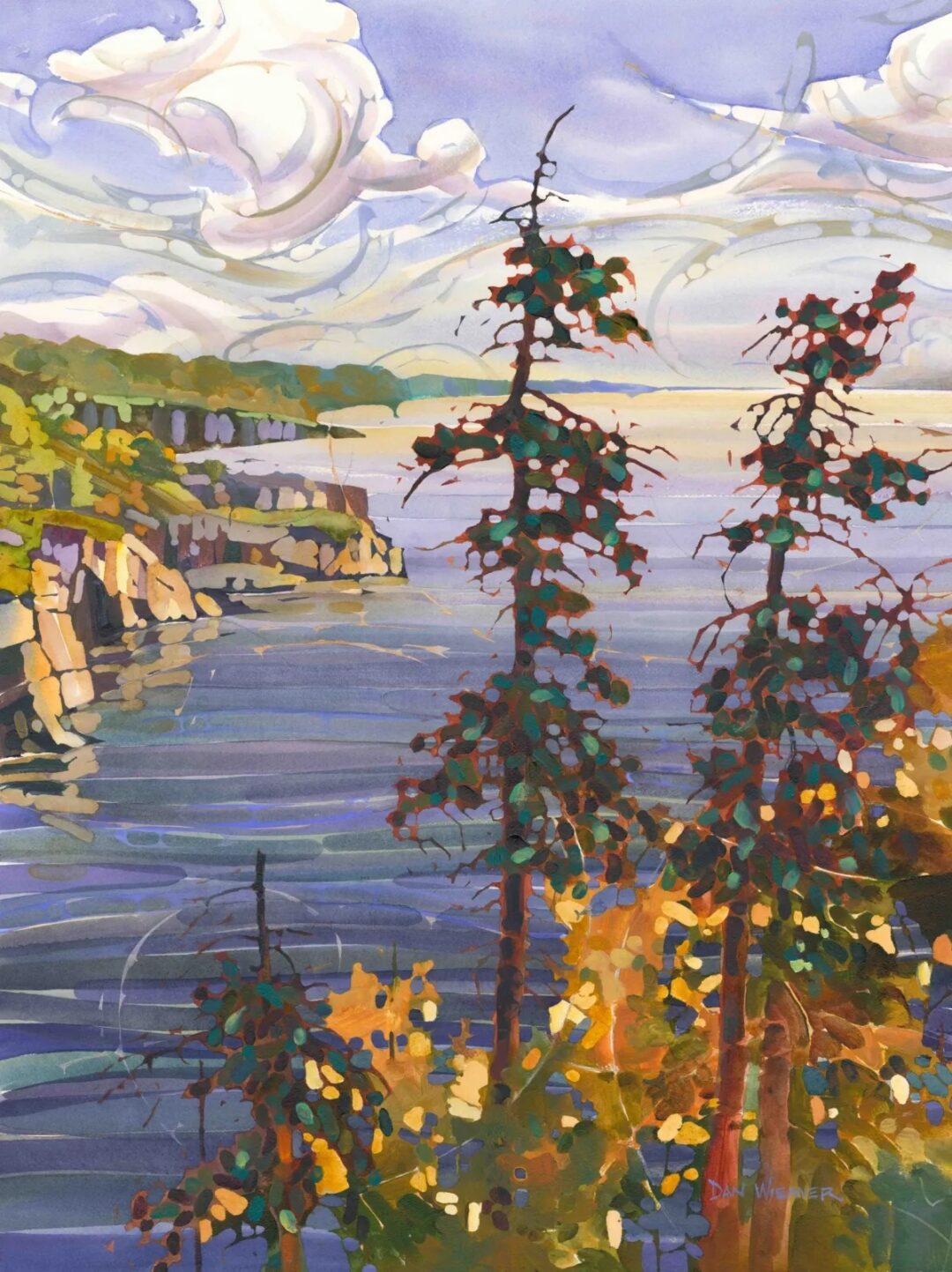 Vibrant coastal scene with cliffs and sky.