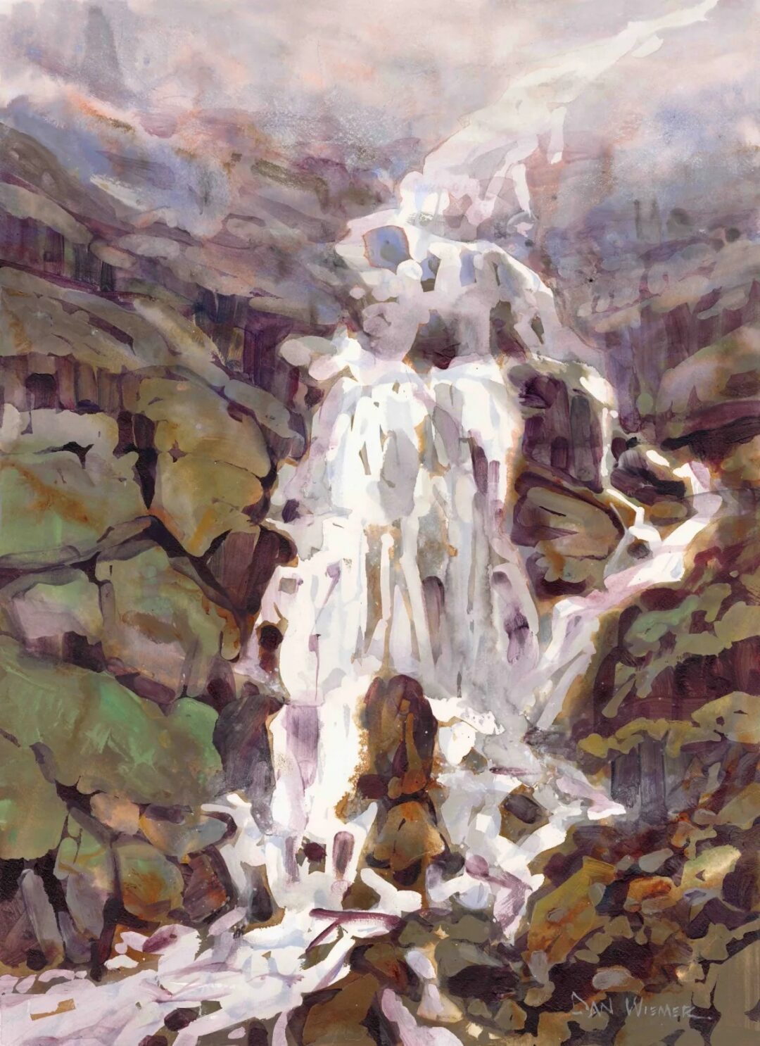 Abstract watercolor of a flowing waterfall