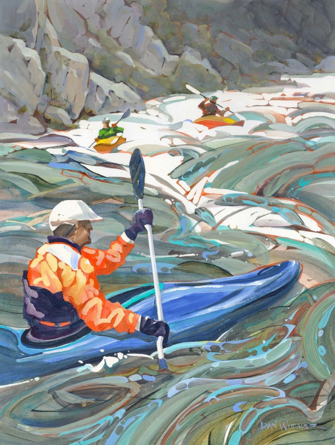 Colorful painting of river kayaking