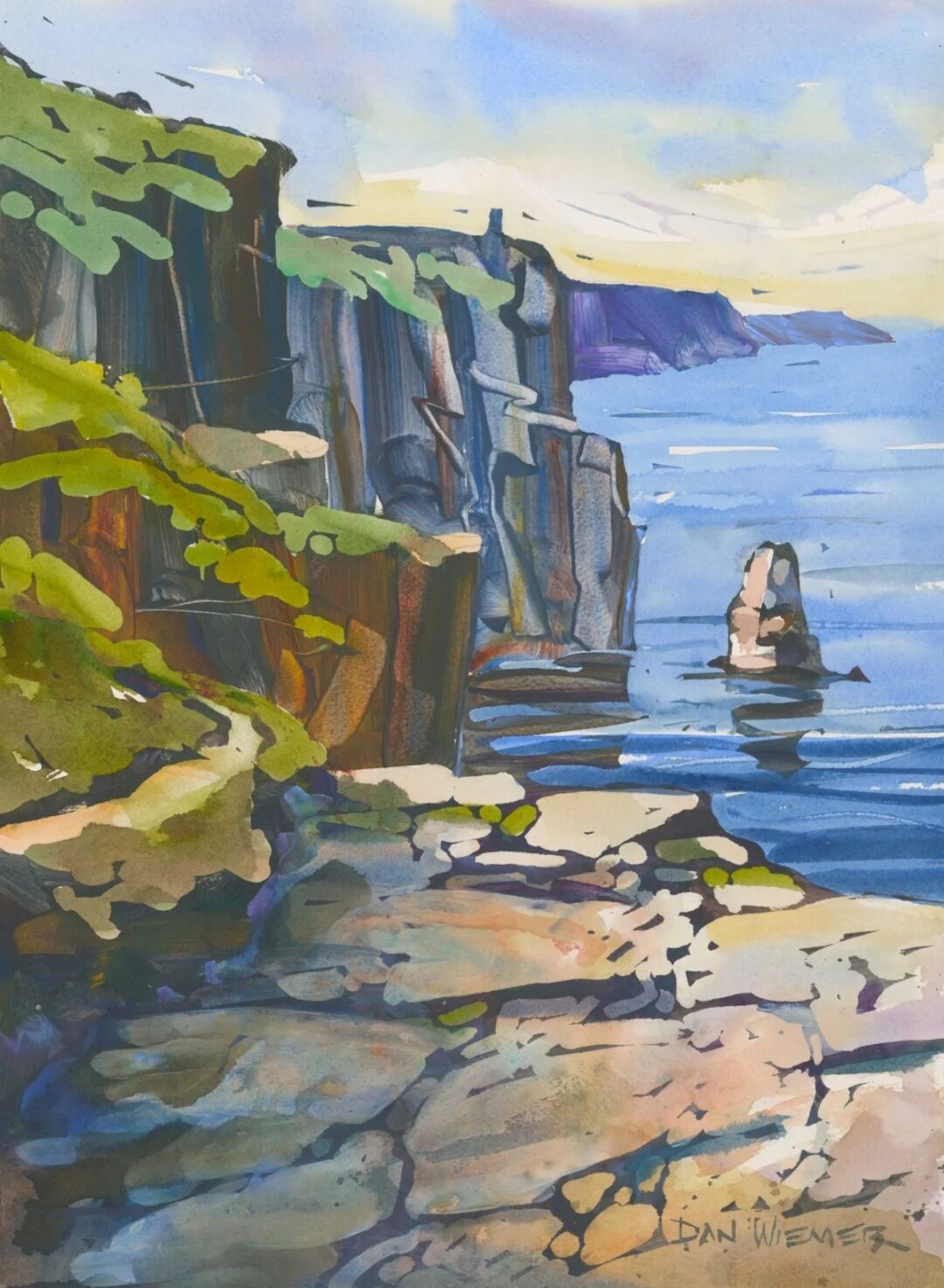 Watercolor painting of coastal cliffs