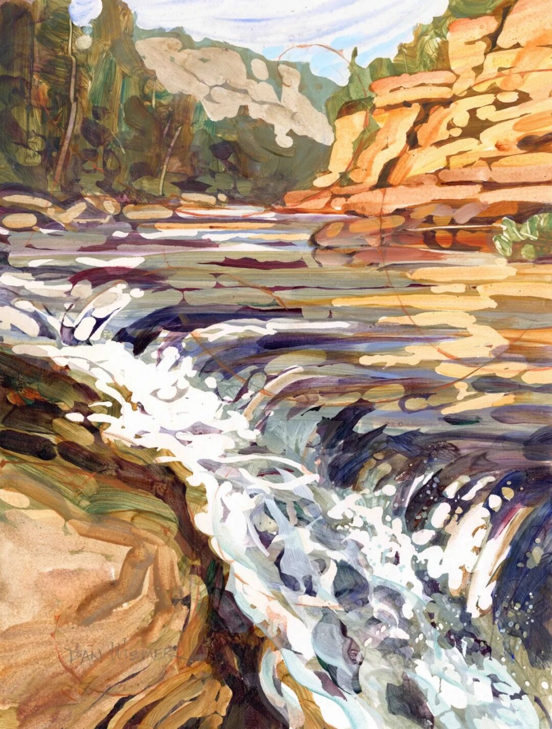 River with rocks in vibrant watercolor style