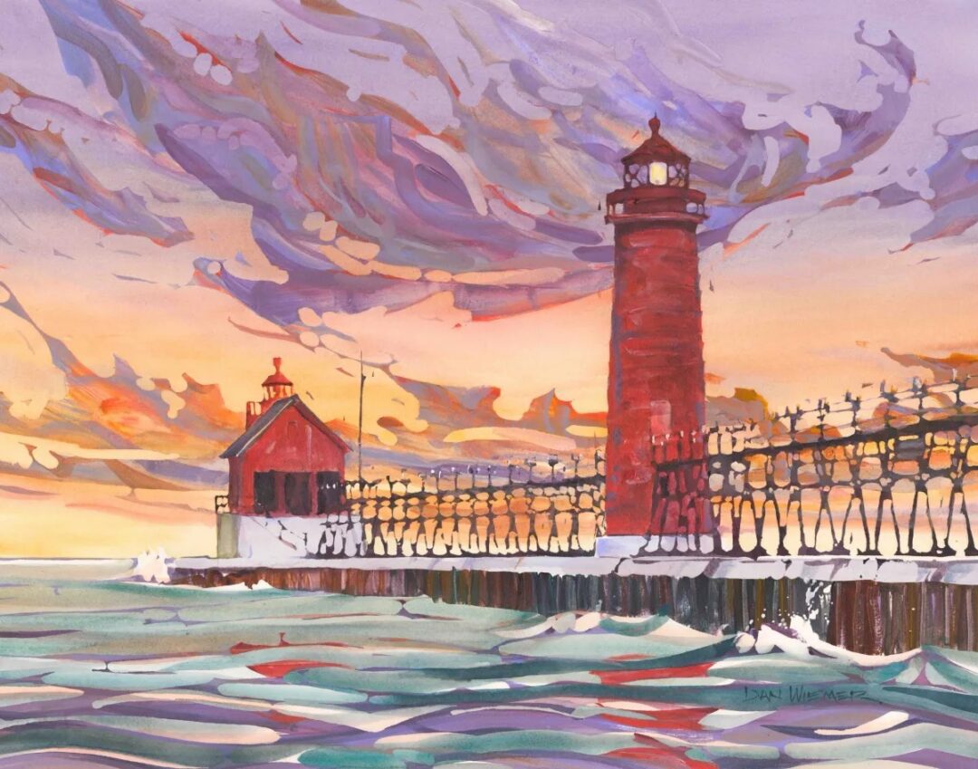 Vibrant clouds over coastal lighthouse scene