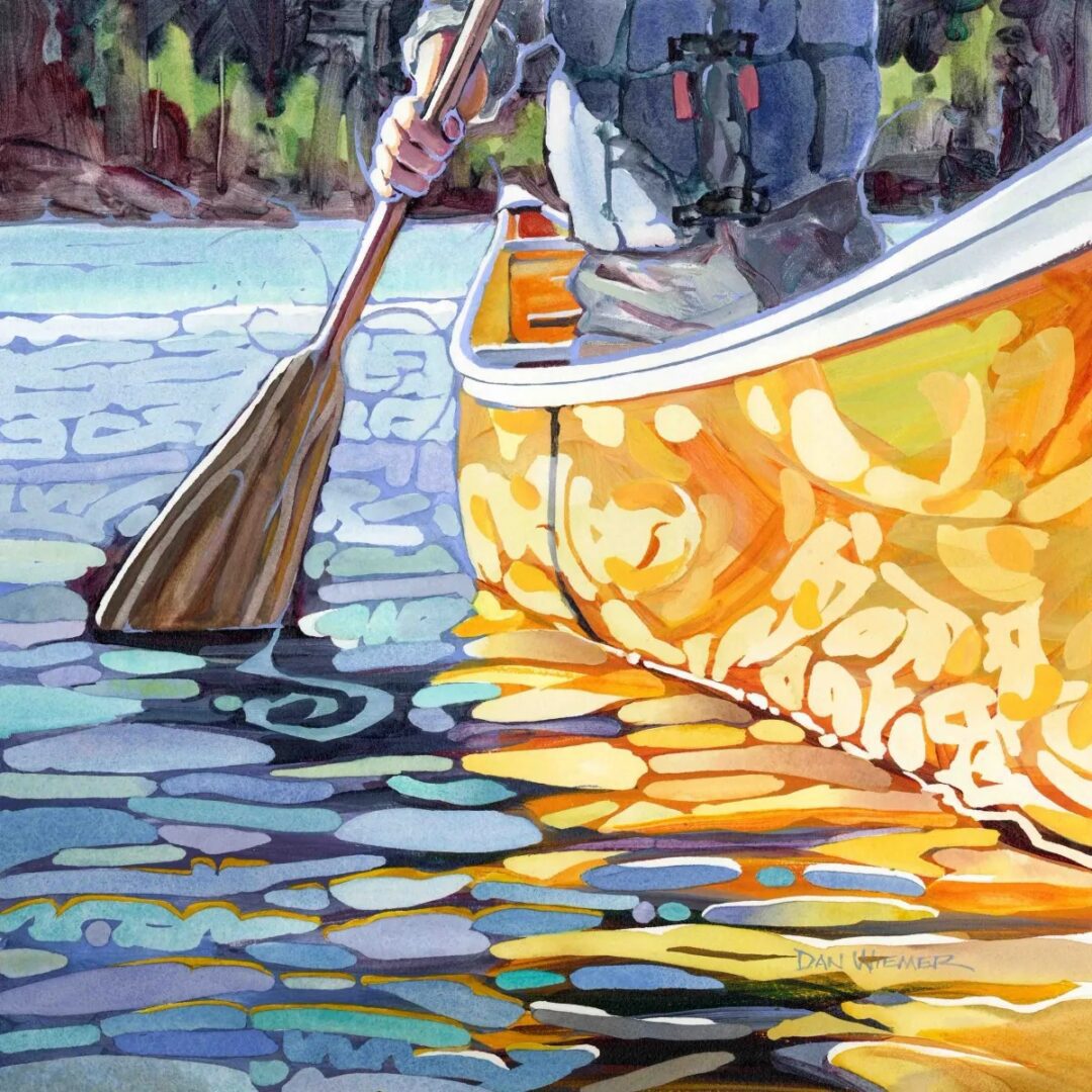 Person rowing in vibrant canoe painting