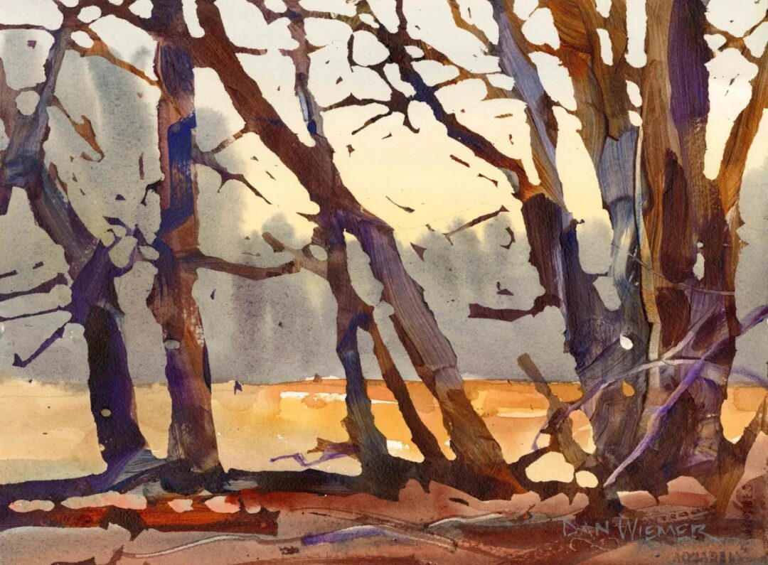Forest scene in warm watercolor tones.