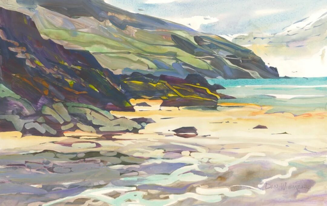 Watercolor beach scene with vibrant colors