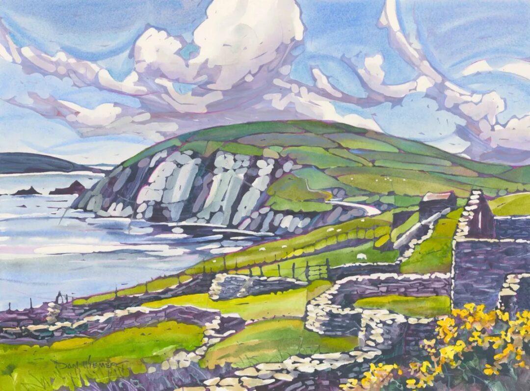 Vibrant seaside scene with stone walls