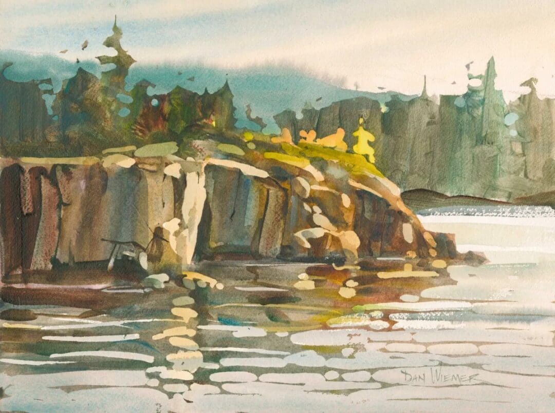 Calm water reflecting rocky cliffs