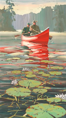 Canoe on serene lake with lilies