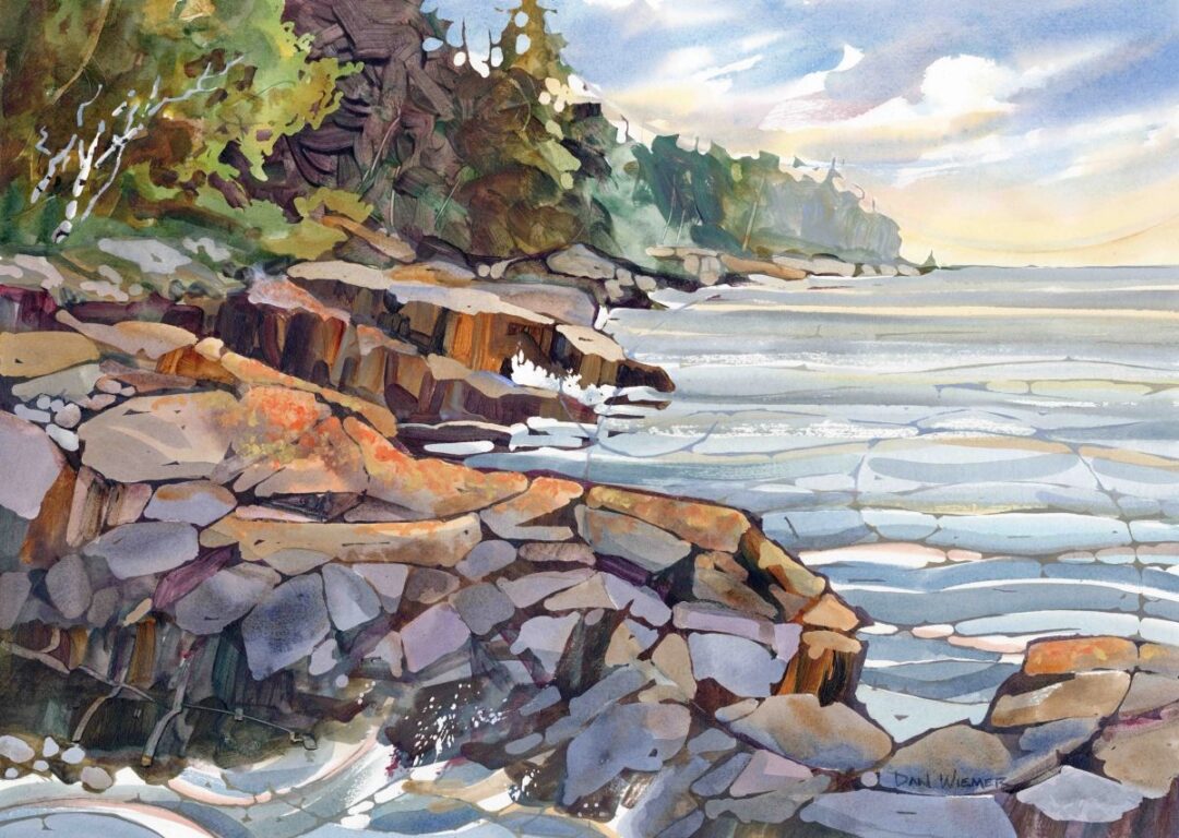 Serene coastal scene with vibrant colors