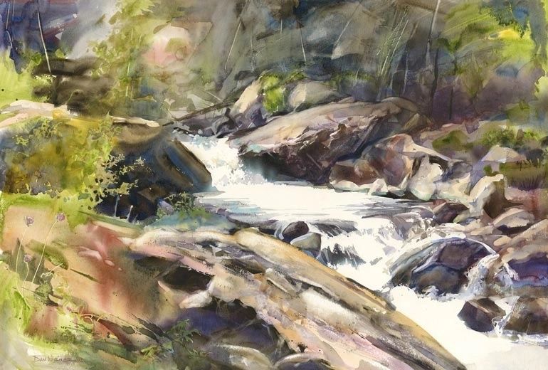 Watercolor painting of a flowing river