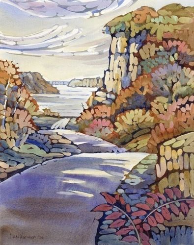 Colorful landscape painting with rocky cliffs