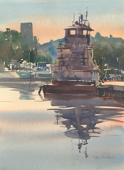 Boat on serene water at sunset