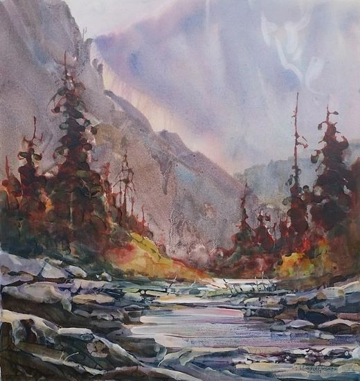 Autumn forest and flowing stream in mountains