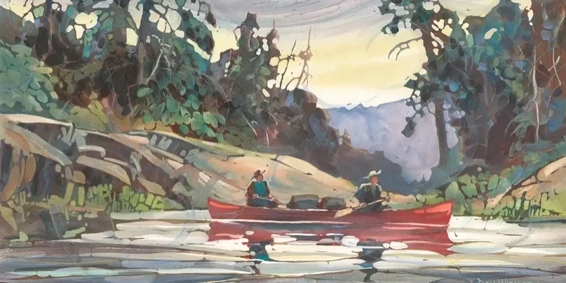 Canoe on serene river with forest backdrop